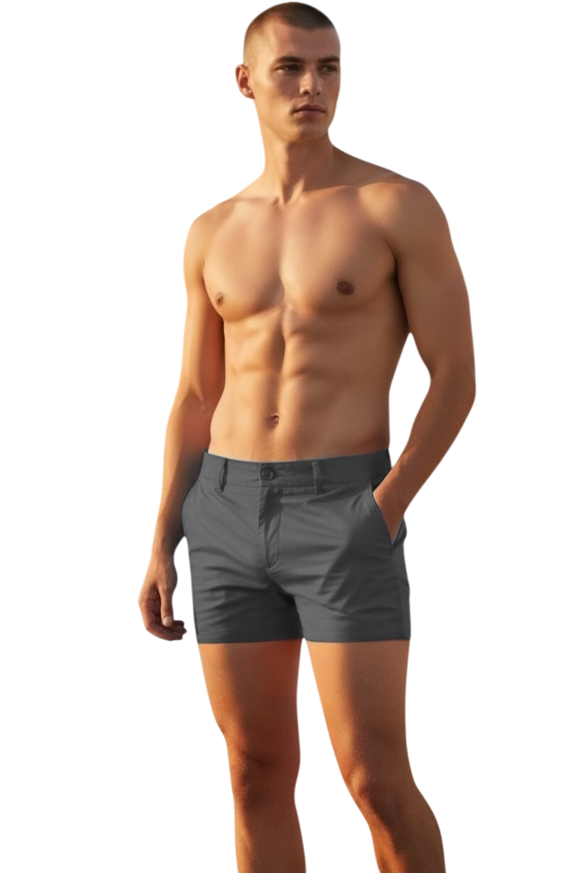 Dark grey chino shorts worn by a shirtless model