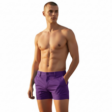 Load image into Gallery viewer, Purple chino shorts worn by a shirtless model
