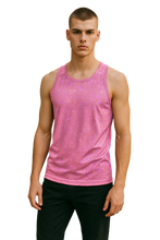 Load image into Gallery viewer, Man wearing a metallic light pink dotted tank top 
