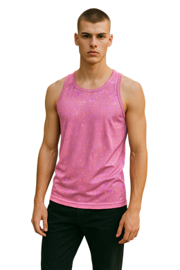 Man wearing a metallic light pink dotted tank top 