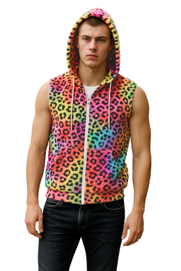 Person wearing a colorful fuzzy leopard print sleeveless hoodie