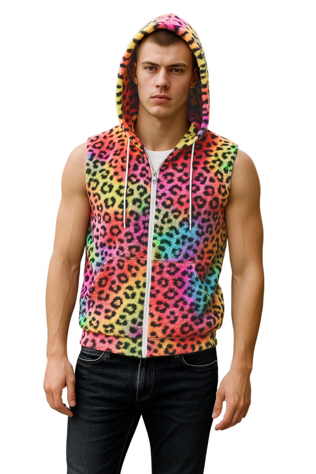 Person wearing a colorful fuzzy leopard print sleeveless hoodie