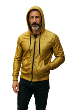 Load image into Gallery viewer, Man wearing a gold glittery zip up hoodie with pockets and hood drawstring
