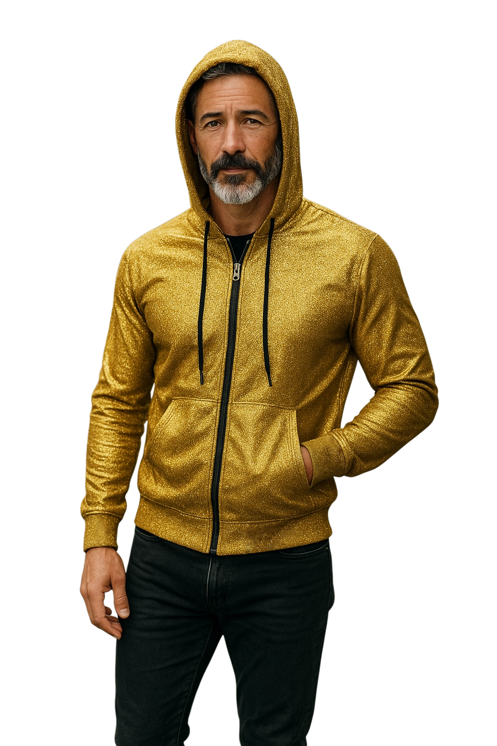 Man wearing a gold glittery zip up hoodie with pockets and hood drawstring