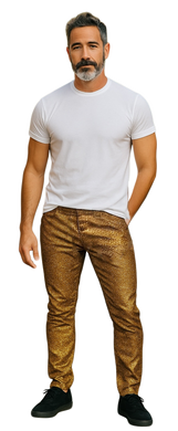 Man wearing a white t-shirt and gold glitter pants