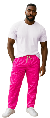 Man wearing a white t-shirt and bright pink pants