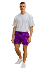 Load image into Gallery viewer, Man wearing a white t-shirt and purple  high gloss shorts on a white background
