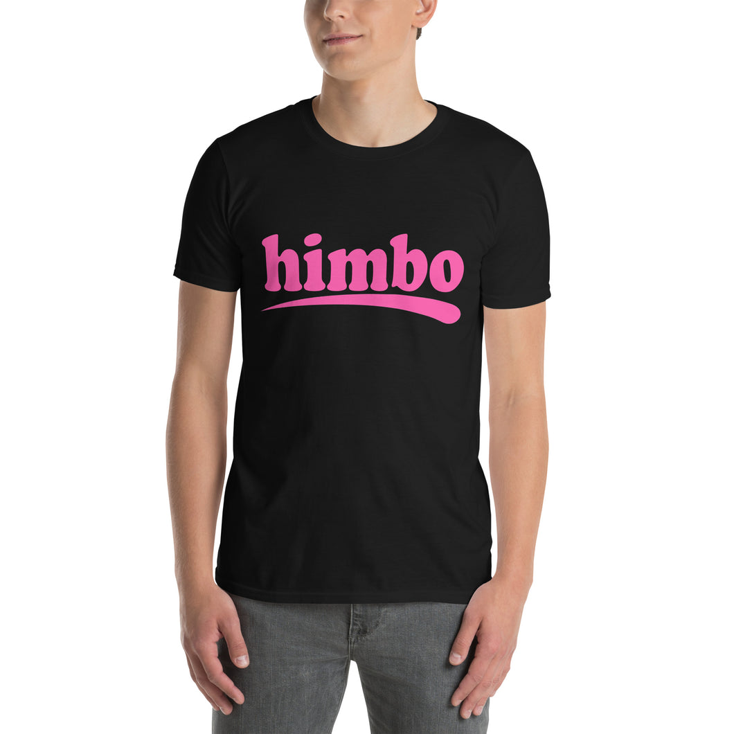 Person wearing a black t-shirt with 'himbo' in pink text