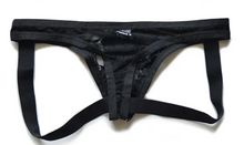 Load image into Gallery viewer, Back side of black lace thong with straps
