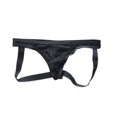 Load image into Gallery viewer, Black lace thong with straps, laid flat 
