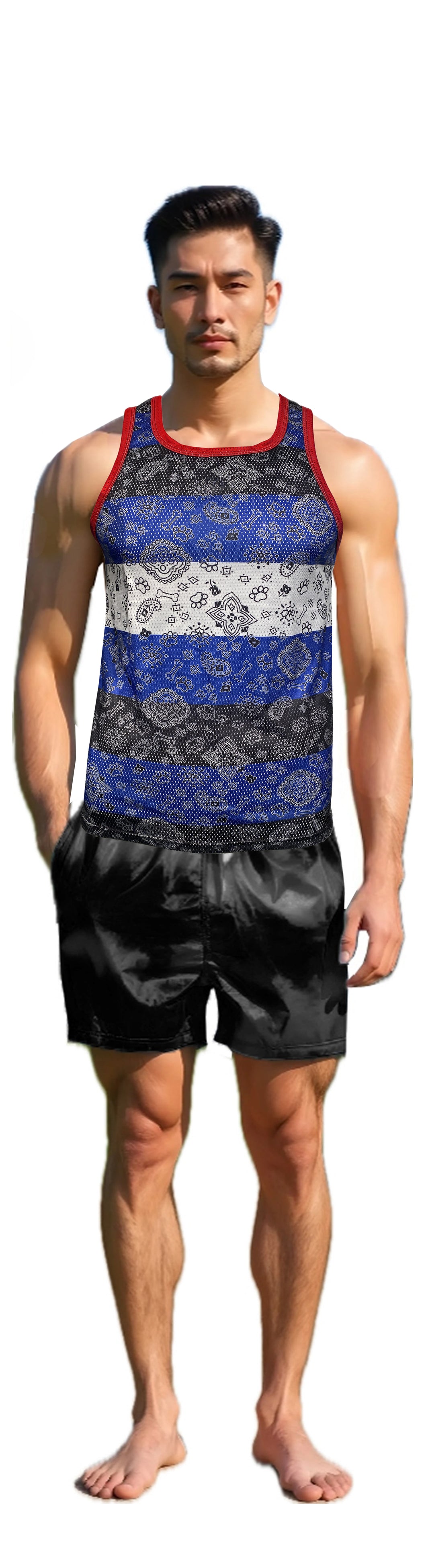 Man wearing a patterned tank top with large horizontal stripes that are blue, black, and white 