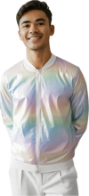 Load image into Gallery viewer, Person wearing a reflective, multicolor pearl zip up jacket
