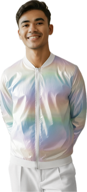 Person wearing a reflective, multicolor pearl zip up jacket