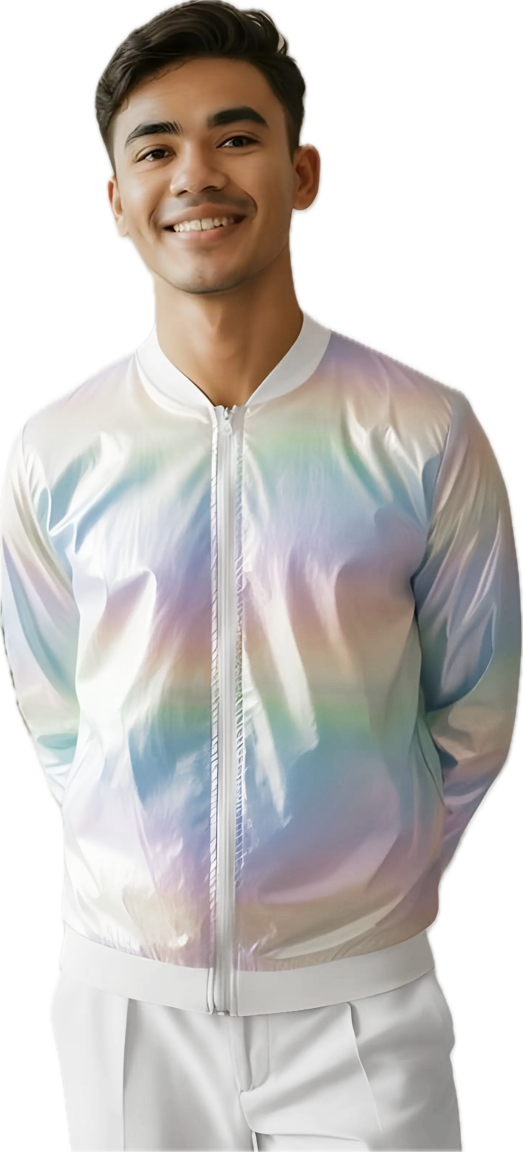 Person wearing a reflective, multicolor pearl zip up jacket