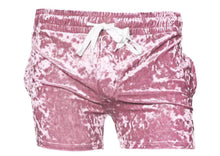 Load image into Gallery viewer, Light pink velvet shorts with side pockets and drawstring, featuring a stretchy fabric
