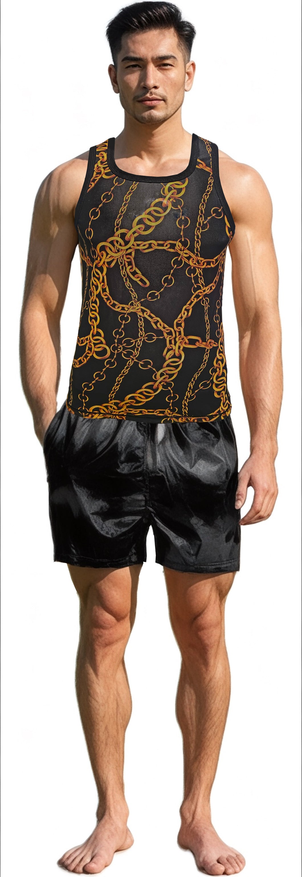 Man wearing a black tank top with gold chain design and black shorts
