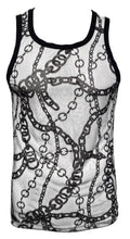 Load image into Gallery viewer, Sheer white mesh tank top with black trim and a black chain pattern on it
