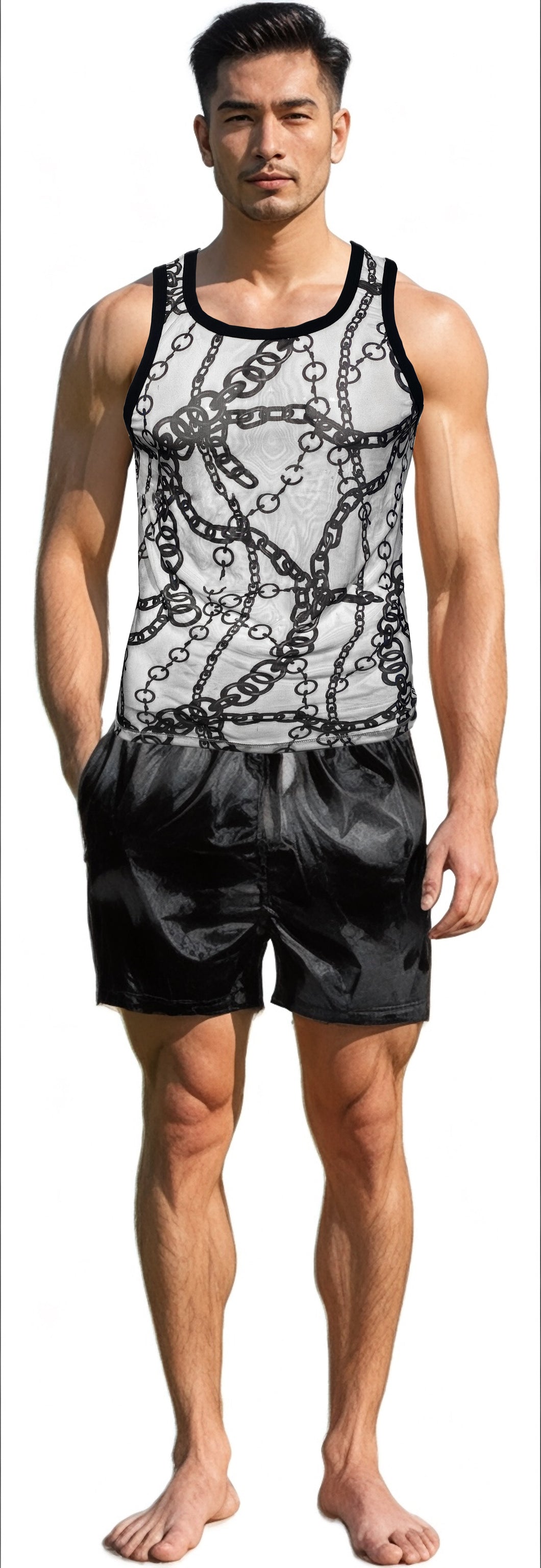 Man wearing a white and black chain-patterned tank top and black shorts 
