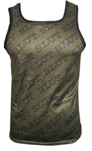 Load image into Gallery viewer, Army green tank top with a black diagonal 'SLUT' text pattern all over it.
