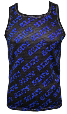 Black tank top with a blue diagonal 'SLUT' text pattern