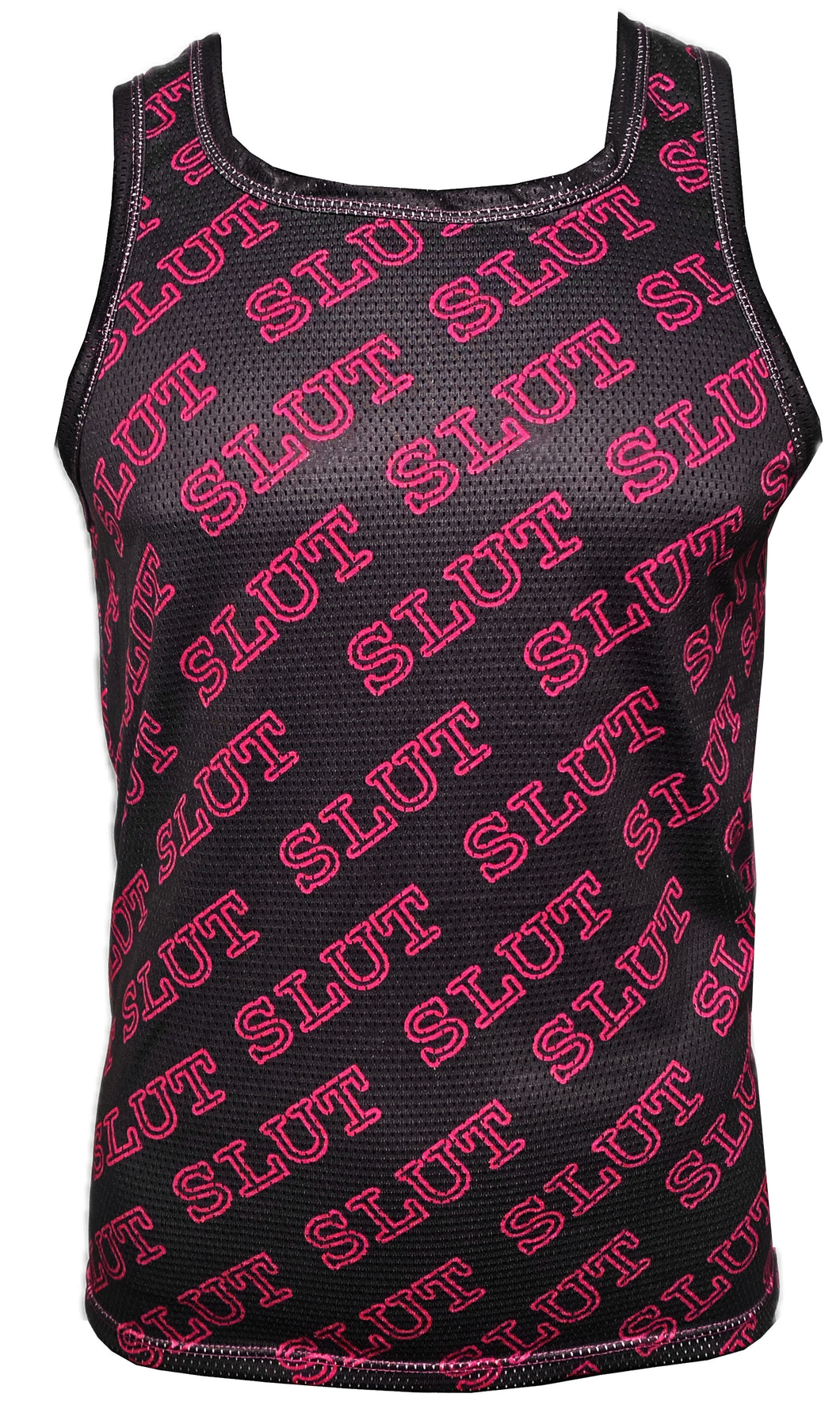 Black tank top with a pink diagonal 'SLUT' text pattern