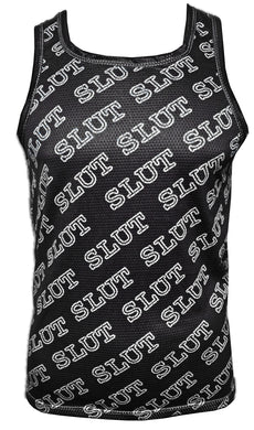 Black tank top with a white diagonal 'SLUT' text pattern