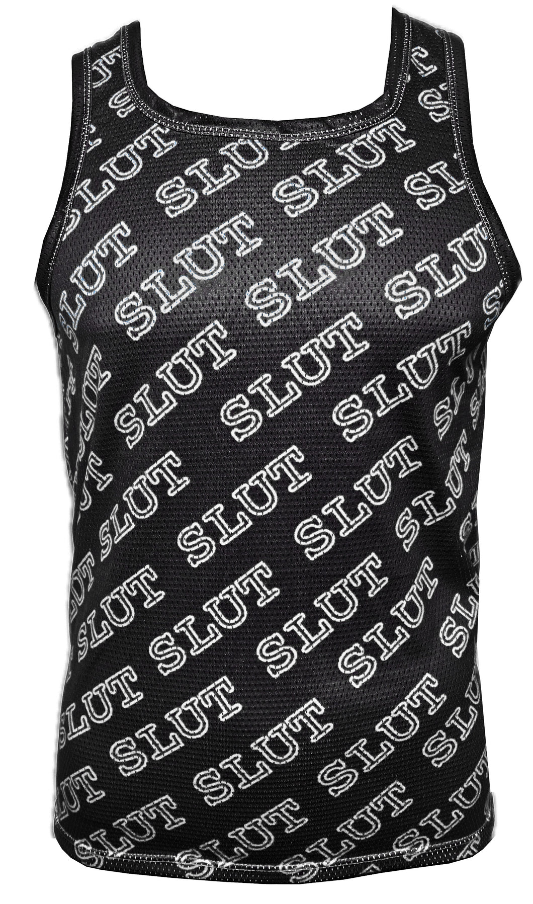 Black tank top with a white diagonal 'SLUT' text pattern