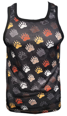 Black tank top with colorful bear paw print pattern. Bear paws can be white, black, orange, yellow, and beige