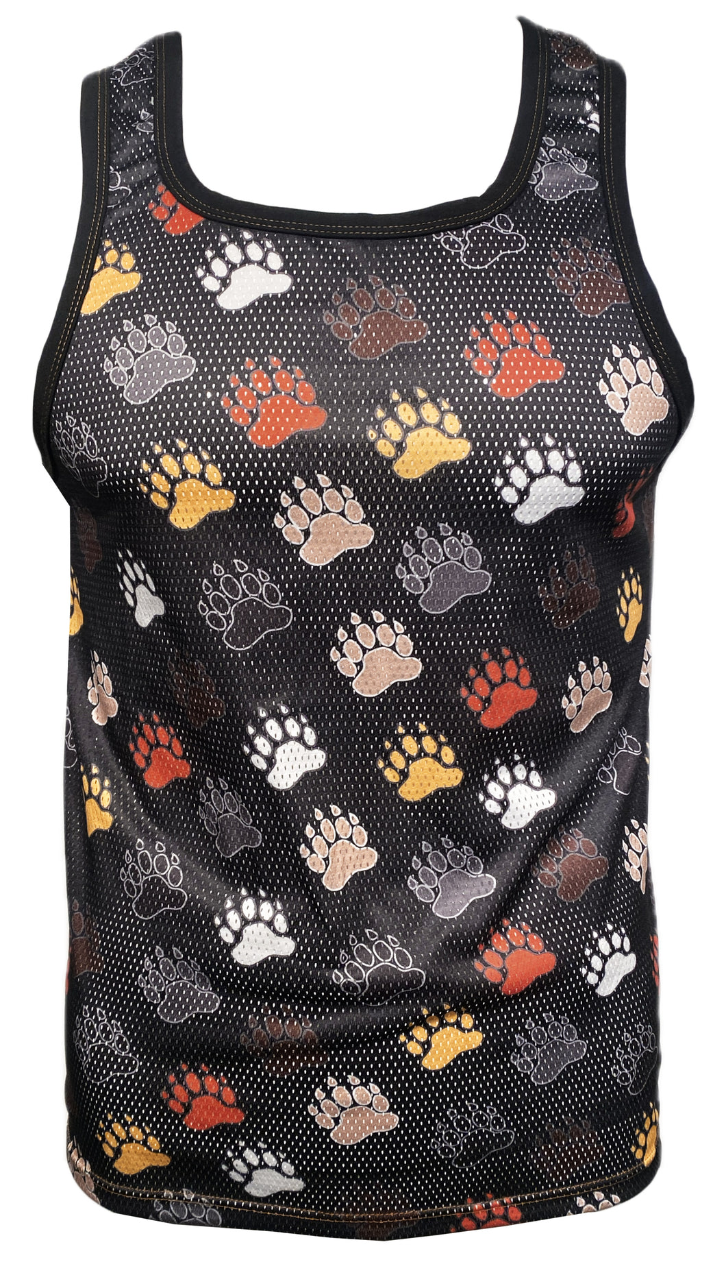 Black tank top with colorful bear paw print pattern. Bear paws can be white, black, orange, yellow, and beige