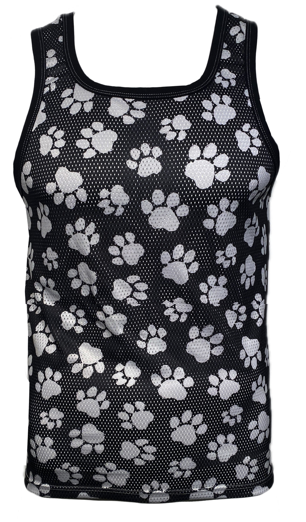 Black tank top with white puppy paw print pattern