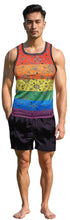 Load image into Gallery viewer, Man wearing a rainbow stripes tank top with Bandana print patterns and black shorts.
