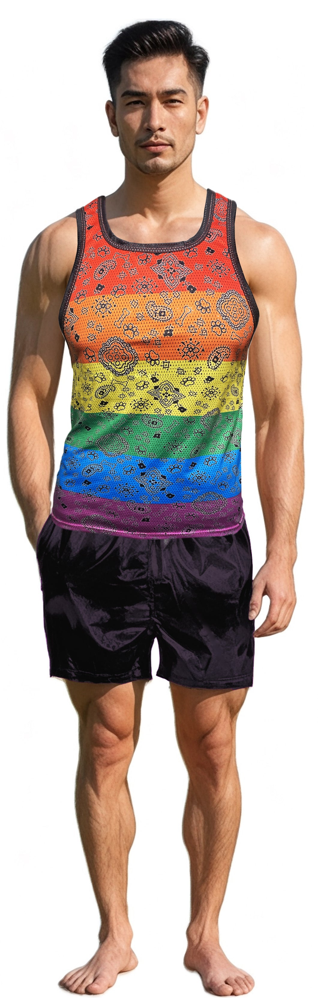 Man wearing a rainbow stripes tank top with Bandana print patterns and black shorts.