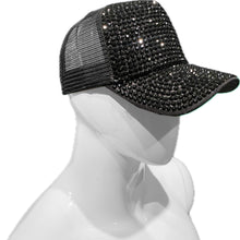 Load image into Gallery viewer, Black rhinestone baseball cap on a mannequin head against a white background
