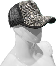 Load image into Gallery viewer, Black cap with rhinestone embellishments and a mesh back on a mannequin head against a white background
