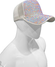 Load image into Gallery viewer, White hat with rhinestone embellishments on a mannequin head against a white background
