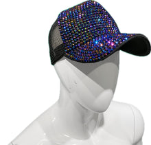 Load image into Gallery viewer, Black cap with multicolored rhinestone embellishments on a mannequin head against a white background
