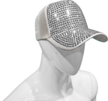Load image into Gallery viewer, Silver rhinestone baseball cap with a mesh back on a mannequin head against a white background
