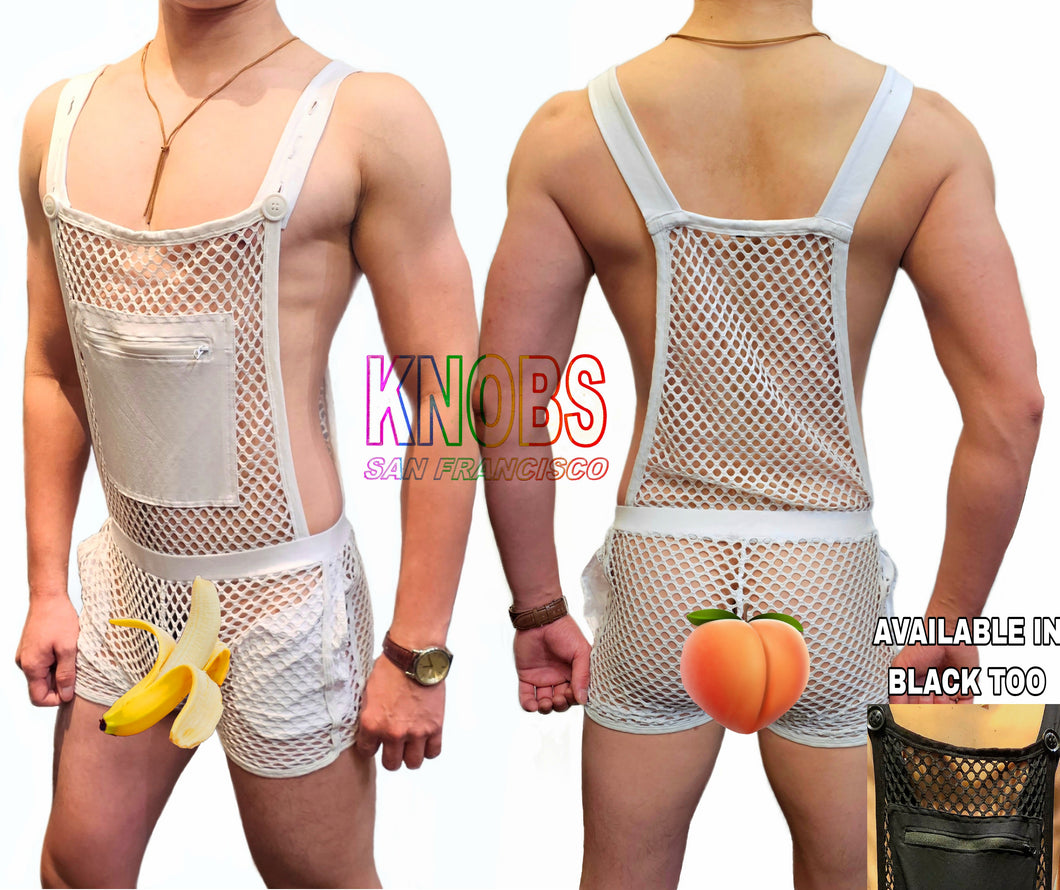 Front and rear view of model wearing white fishnet overalls with a solid fabric zipper-sealed kangaroo pocket and button shoulder straps. Fruit emojis are covering the intimate bits of the model. Lower right of the image features the black fishnet overalls. 