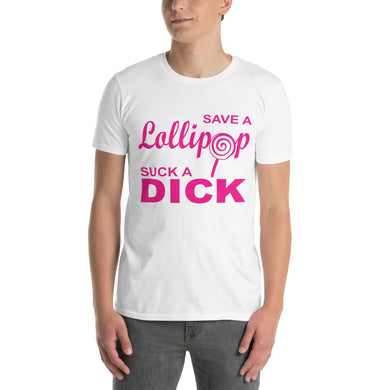 Person wearing a white t-shirt with pink text on a white background. Text says 