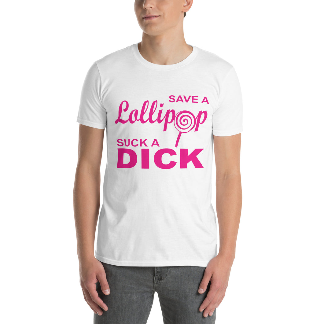 Person wearing a white t-shirt with pink text on a white background. Text says 