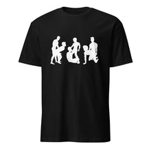 Load image into Gallery viewer, Black t-shirt with white graphic design of male silhouettes doing the nasty.
