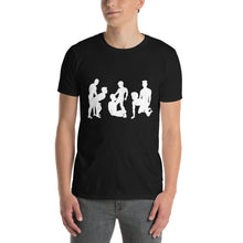 Load image into Gallery viewer, Person wearing a black t-shirt with white graphic design of male silhouettes doing the nasty.

