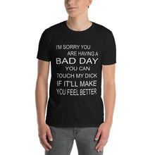 Load image into Gallery viewer, Person wearing a black t-shirt with white text on a white background. Text says &quot;I&#39;m sorry you are having a bad day, you can touch my dick if it&#39;ll make you feel better&quot;
