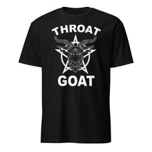 Load image into Gallery viewer, Black t-shirt with white &#39;throat goat&#39; graphic design and text on a white background
