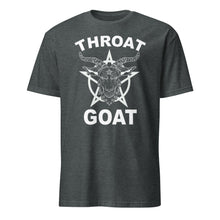 Load image into Gallery viewer, Dark gray t-shirt with white 'throat goat' graphic and text on a white background
