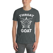Load image into Gallery viewer, Person wearing a dark gray t-shirt with 'Throat Goat' graphic design on a white background
