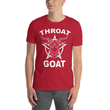 Load image into Gallery viewer, Dark red t-shirt with white print of "throat goat" featuring a goat head poking through a star, worn by a model
