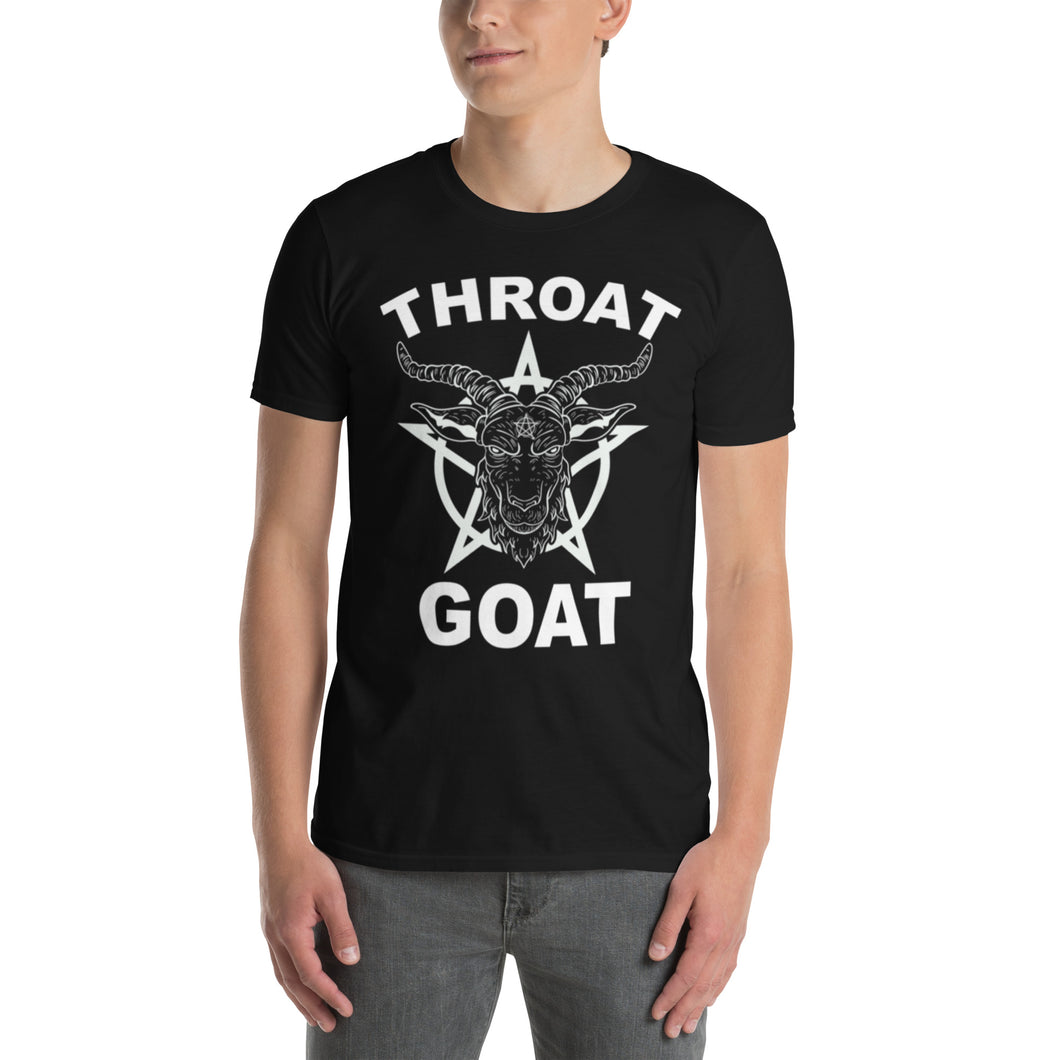 Person wearing a black t-shirt with 'Throat Goat' graphic design on a white background