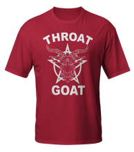 Load image into Gallery viewer, Dark red t-shirt with white print of "throat goat" featuring a goat head poking through a star
