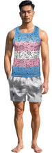 Load image into Gallery viewer, Man wearing a tank with a bandanna pattern and large horizontal stripes that are blue, pink, and white.
